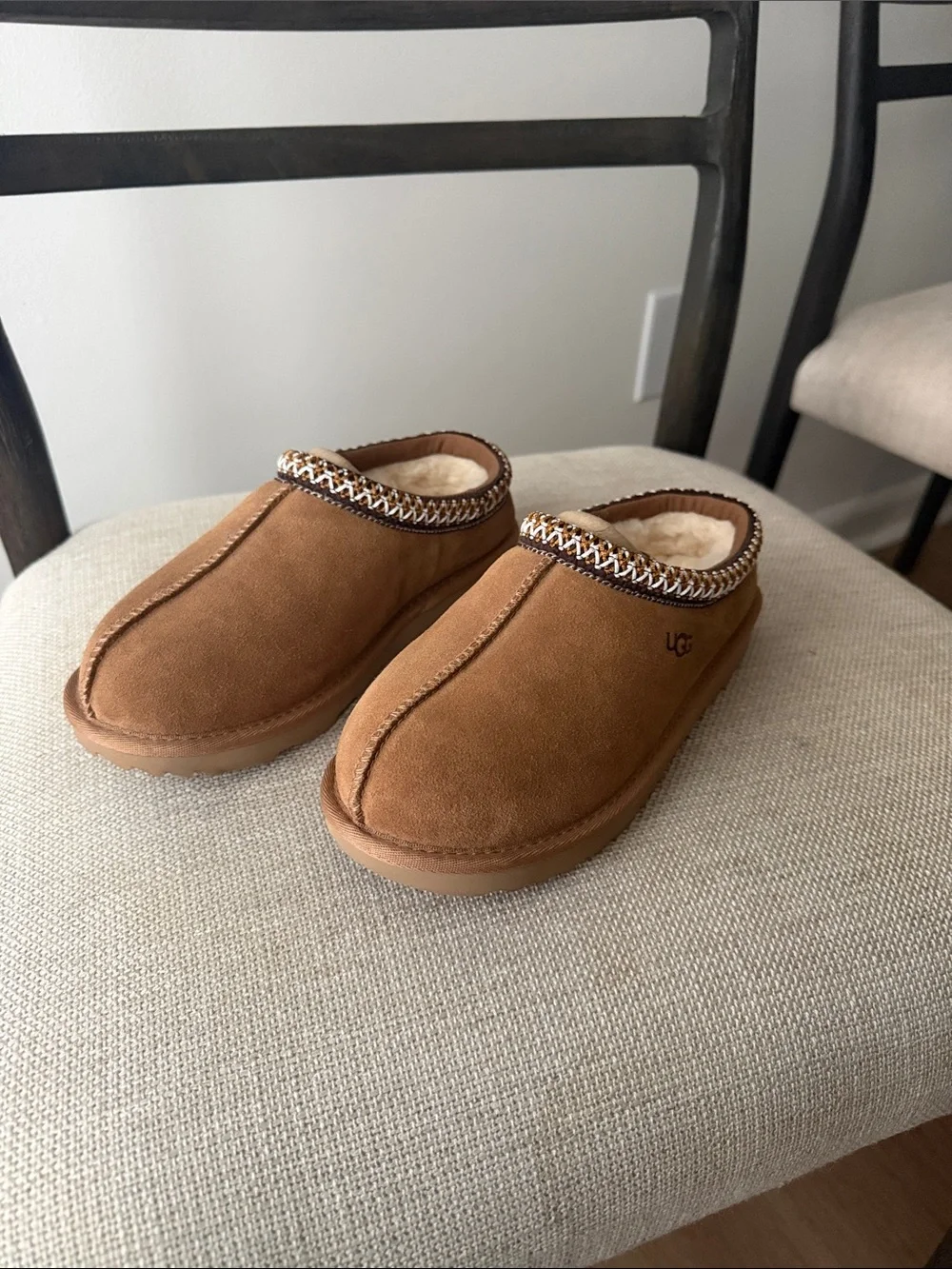 UGG Kids Chestnut Suede Slip-On Clogs with Shearling Trim